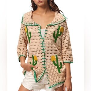 Women's Vintage Like Oversized Crochet Cactus Cardigan - Beige and Green